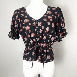 Outerknown Floral Puff Sleeve‎ Peplum Button Front Blouse Waist Tie Size Small